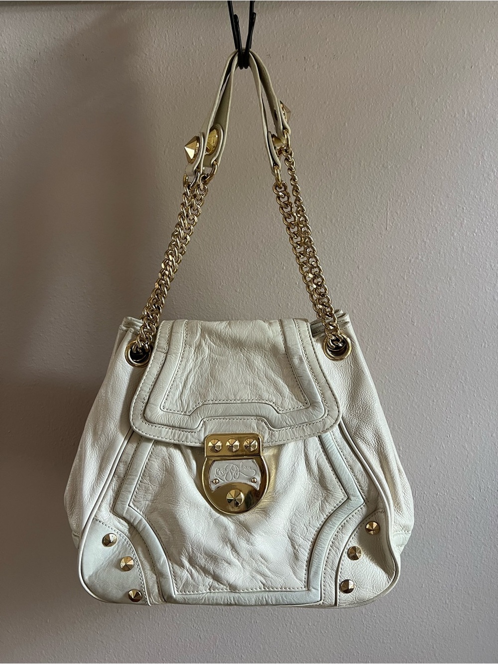 Vintage Betsey Johnson Y2K Full Grain Cow Leather Cream Gold Studs - Picture 3 of 13